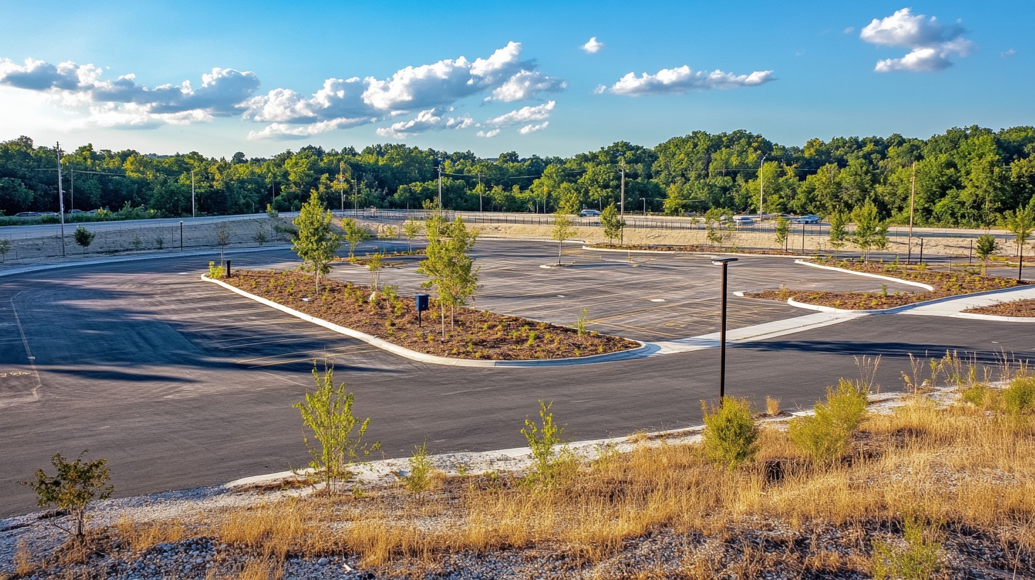 A wide, well-maintained parking lot with landscaped islands and trees, set against a backdrop of green forest and a bright blue sky with scattered clouds