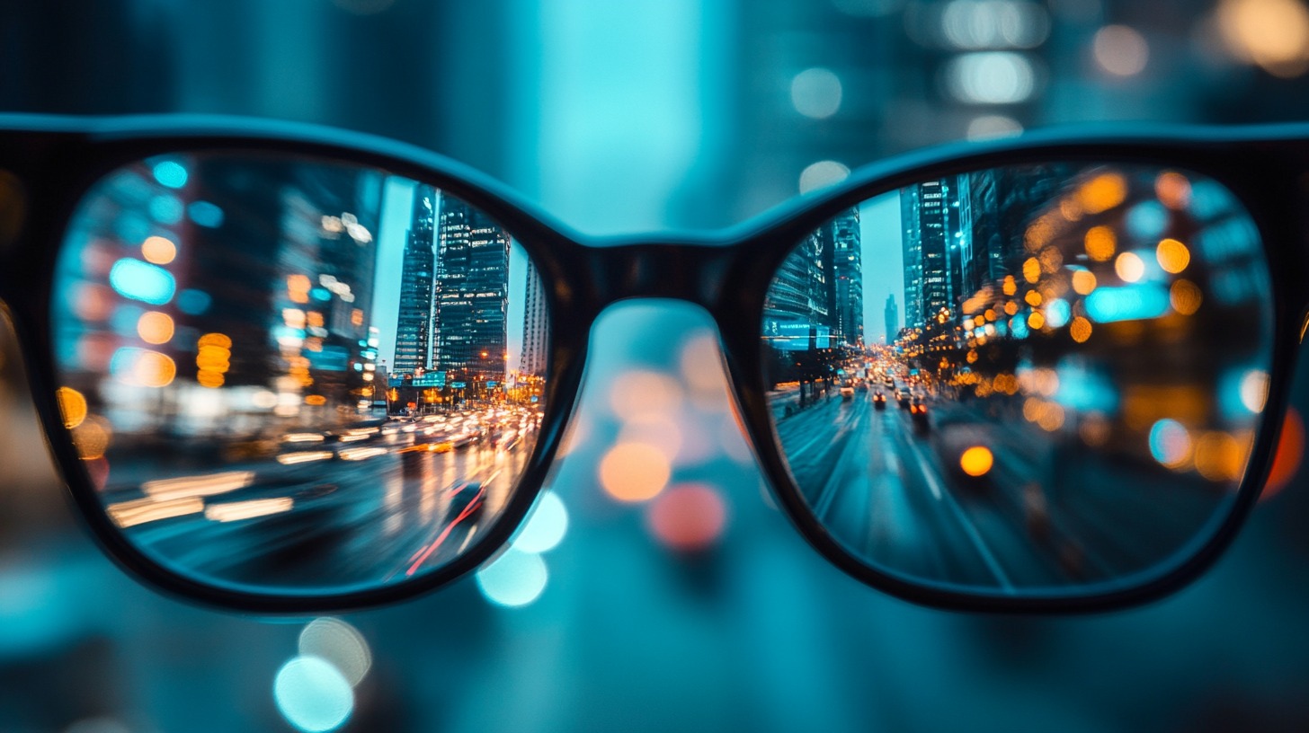 Close-up view through eyeglasses showing a clear cityscape with blurred bokeh lights of traffic in the background