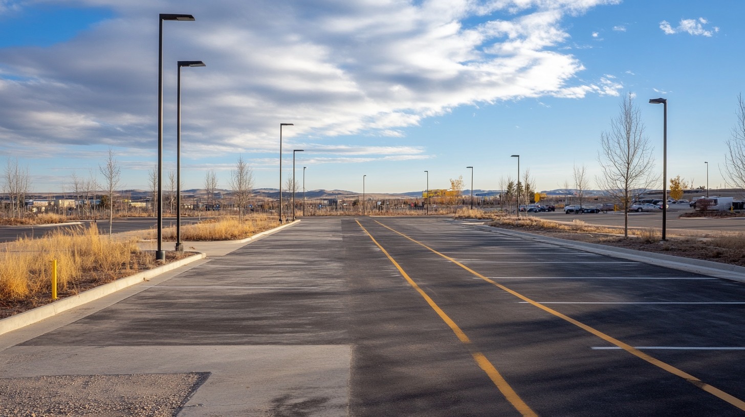 Wide-angle view of an empty parking lot with lined spaces, streetlights, and a clear blue sky in the background