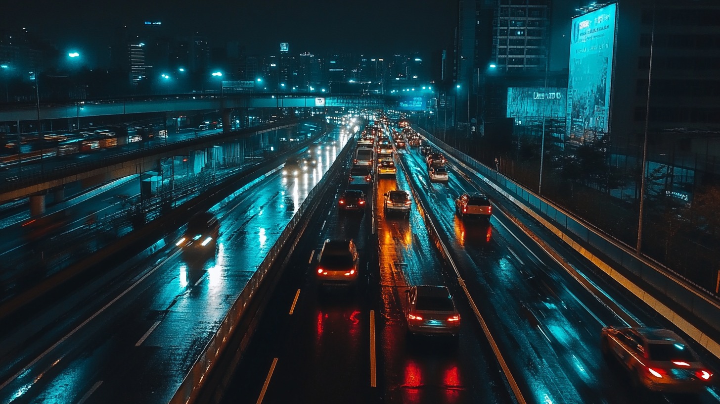 Nighttime view of a busy highway with wet roads reflecting colorful lights, surrounded by illuminated city buildings