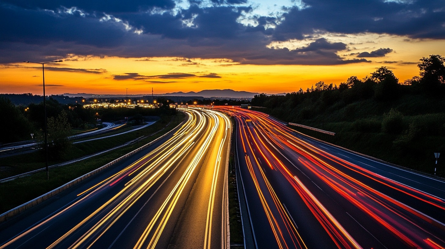 A scenic highway at sunset with vibrant streaks of car lights, surrounded by trees and a glowing orange sky